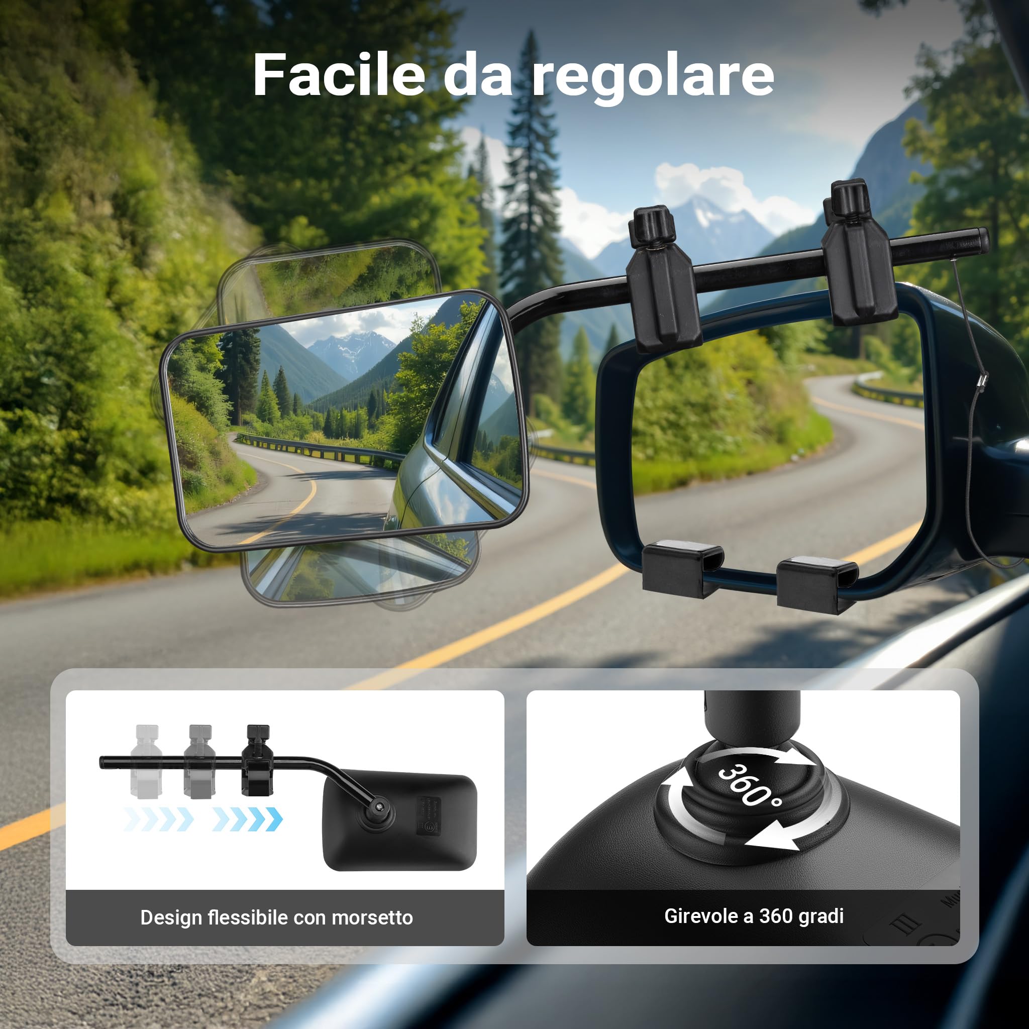 Wiltec specchietto retrovisore camper 120x180 mm con cinghie