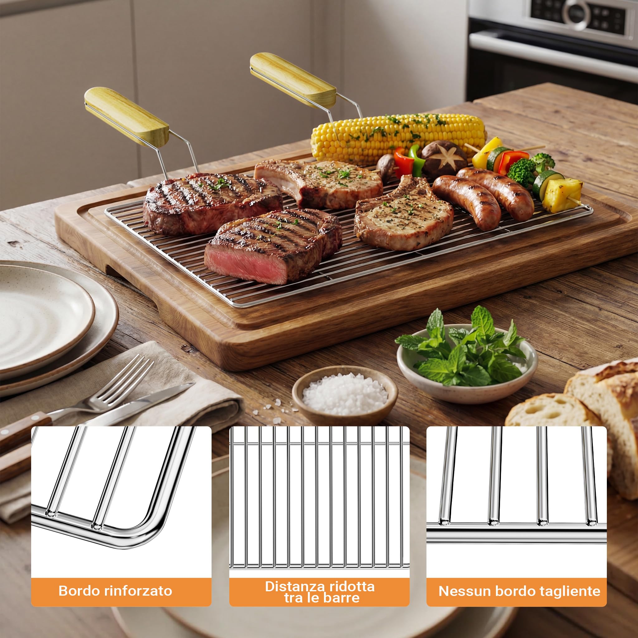 Wiltec Griglia BBQ 54x34cm Acciaio Inox con Manici