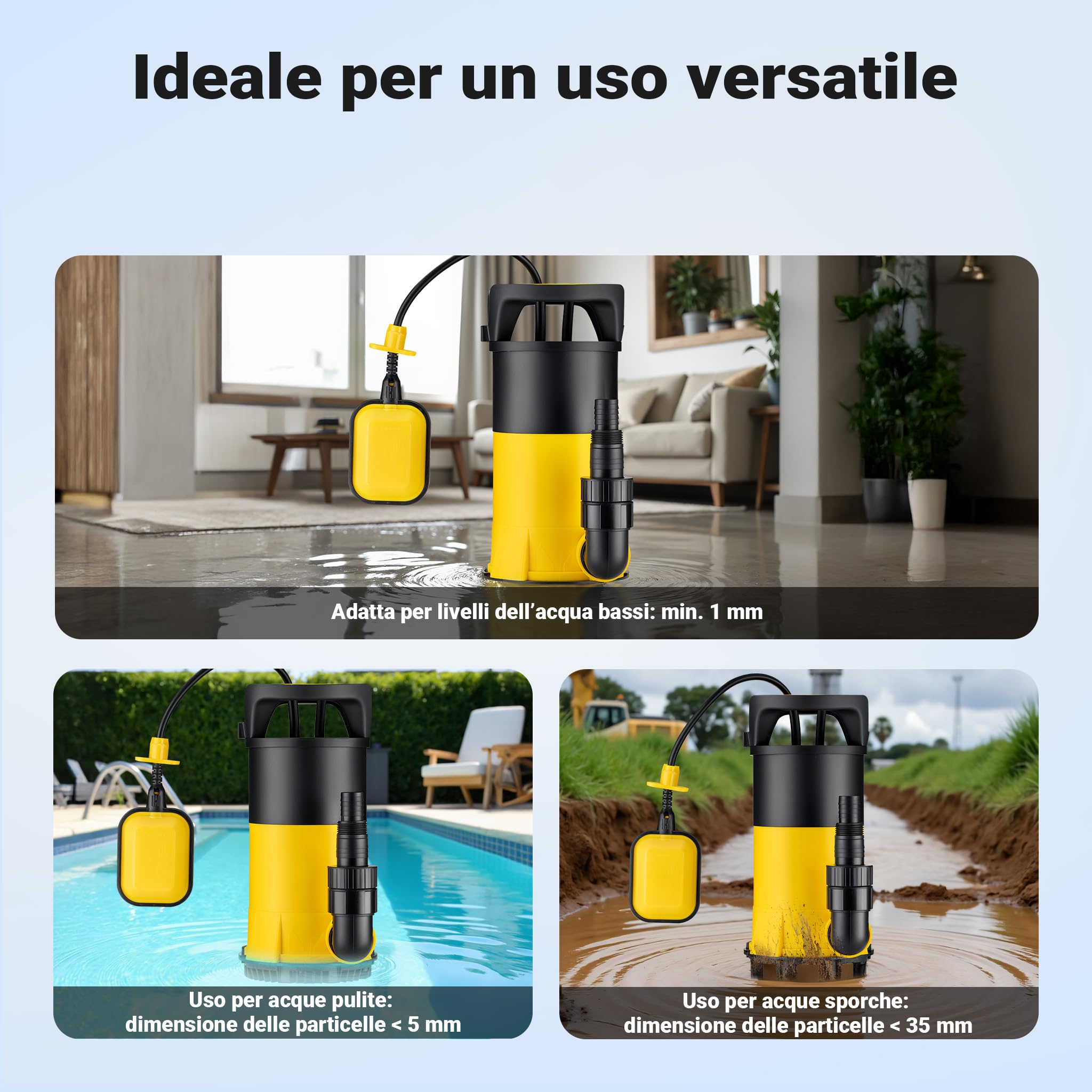 Wiltec 3in1 400 W pompa sommersa 8000 l/h aspirazione piatta