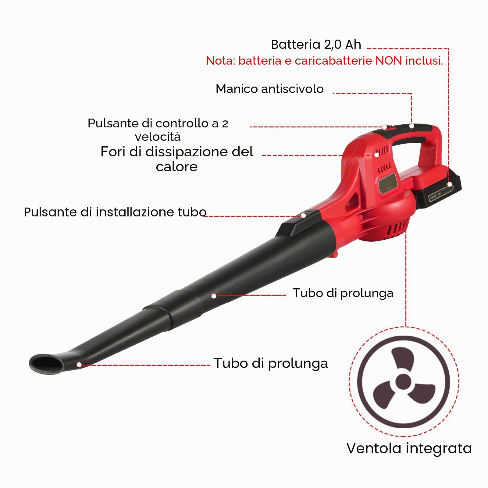 Weytoll Soffiatore foglie 20V 2.0Ah 2 velocita