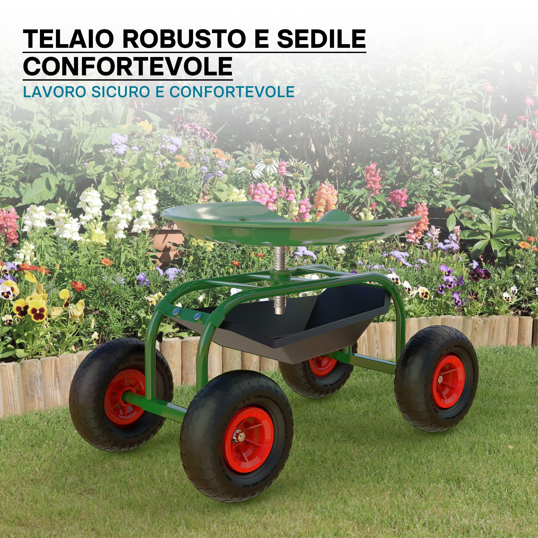 Wiltec Sgabello Giardinaggio Officina con Ruote 150 kg