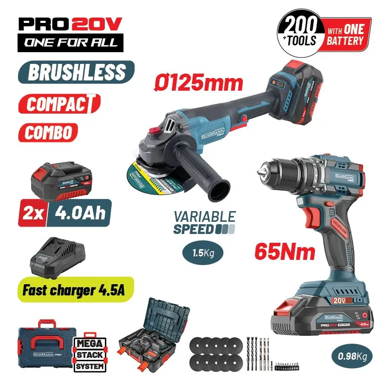 Bormann Pro BBP5433X44T2CA kit trapano smerigliatrice 20V 4Ah