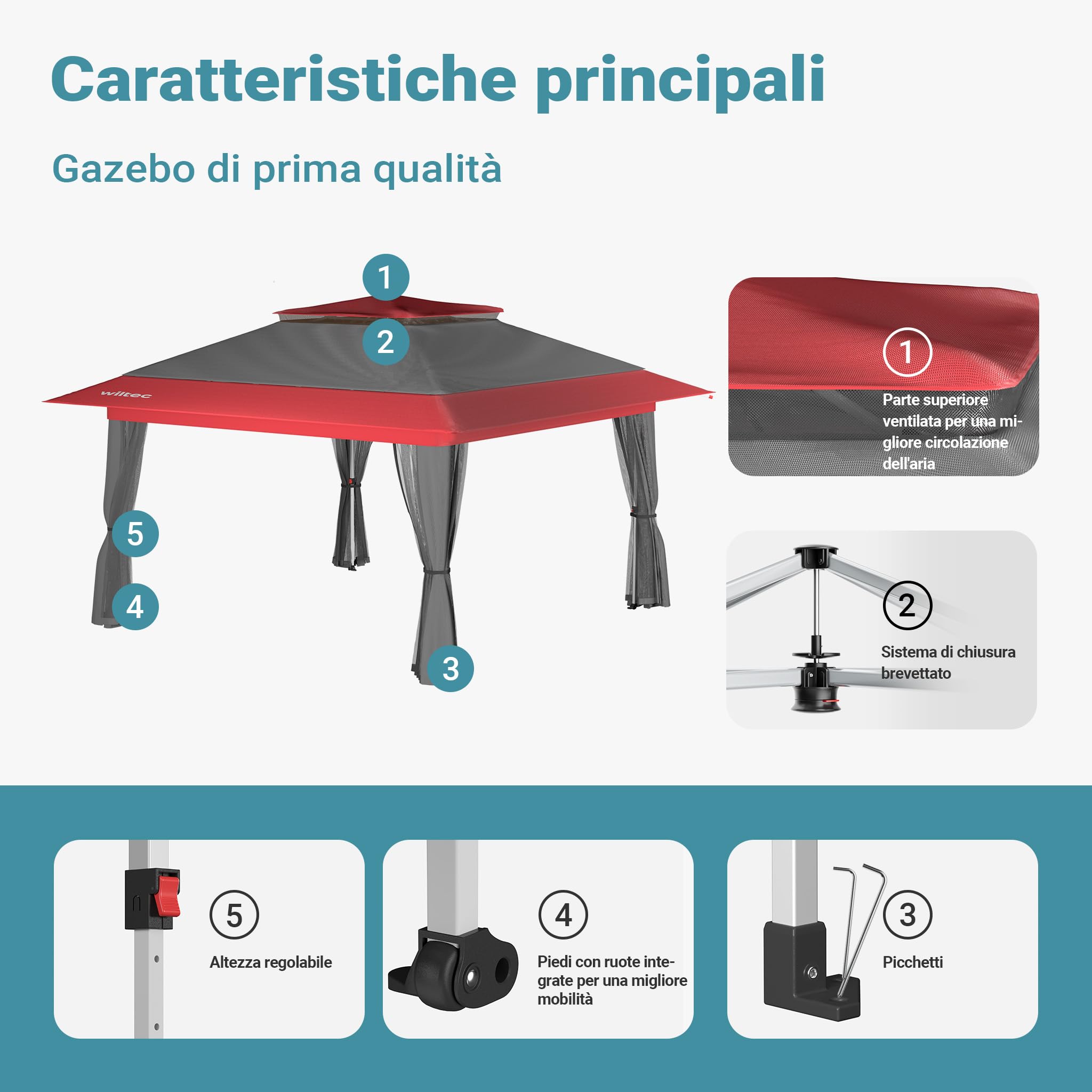 Wiltec Gazebo pieghevole zanzariera 3,92x3,92 m grigio rosso