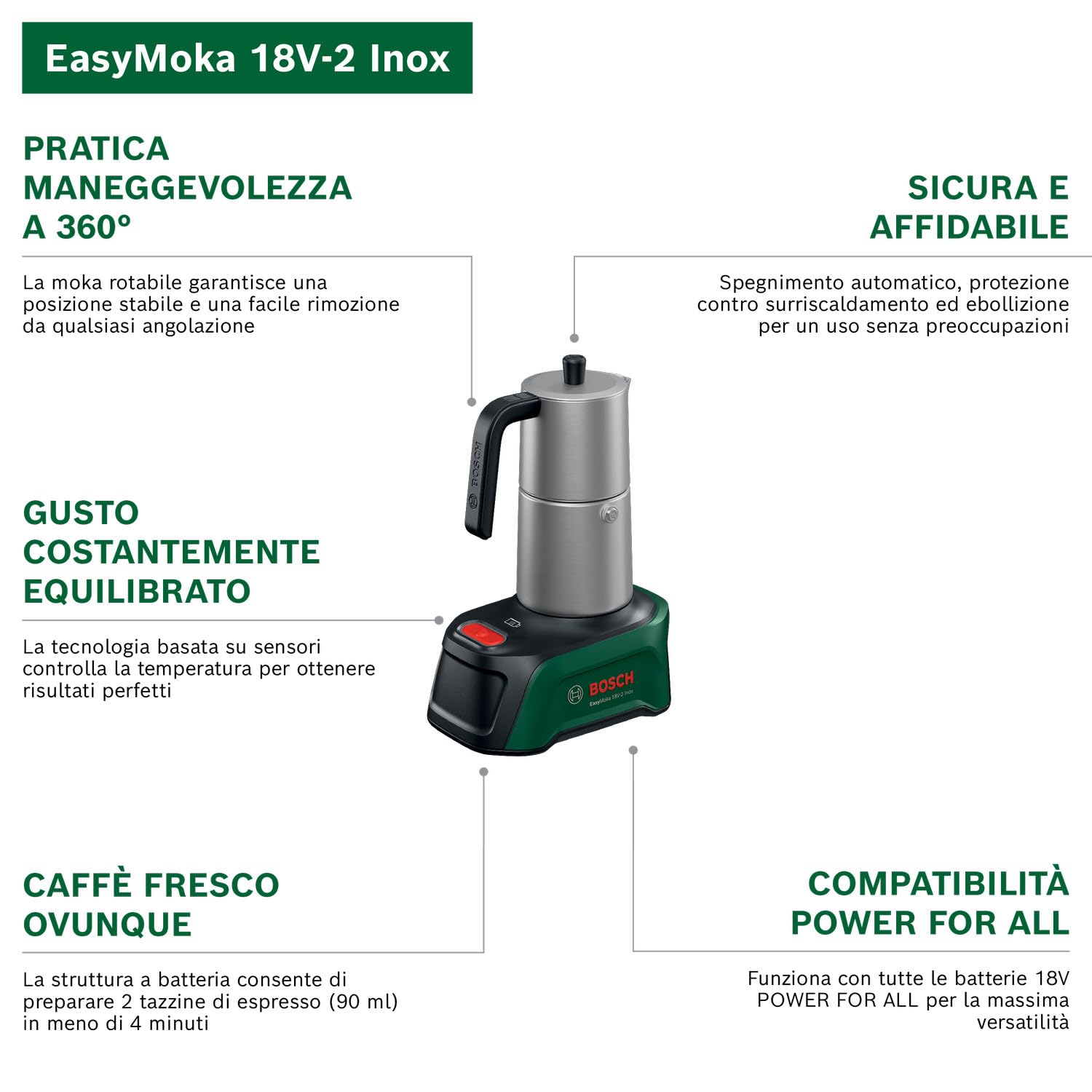Bosch EasyMoka 18V-2 caffettiera a batteria Inox unità base