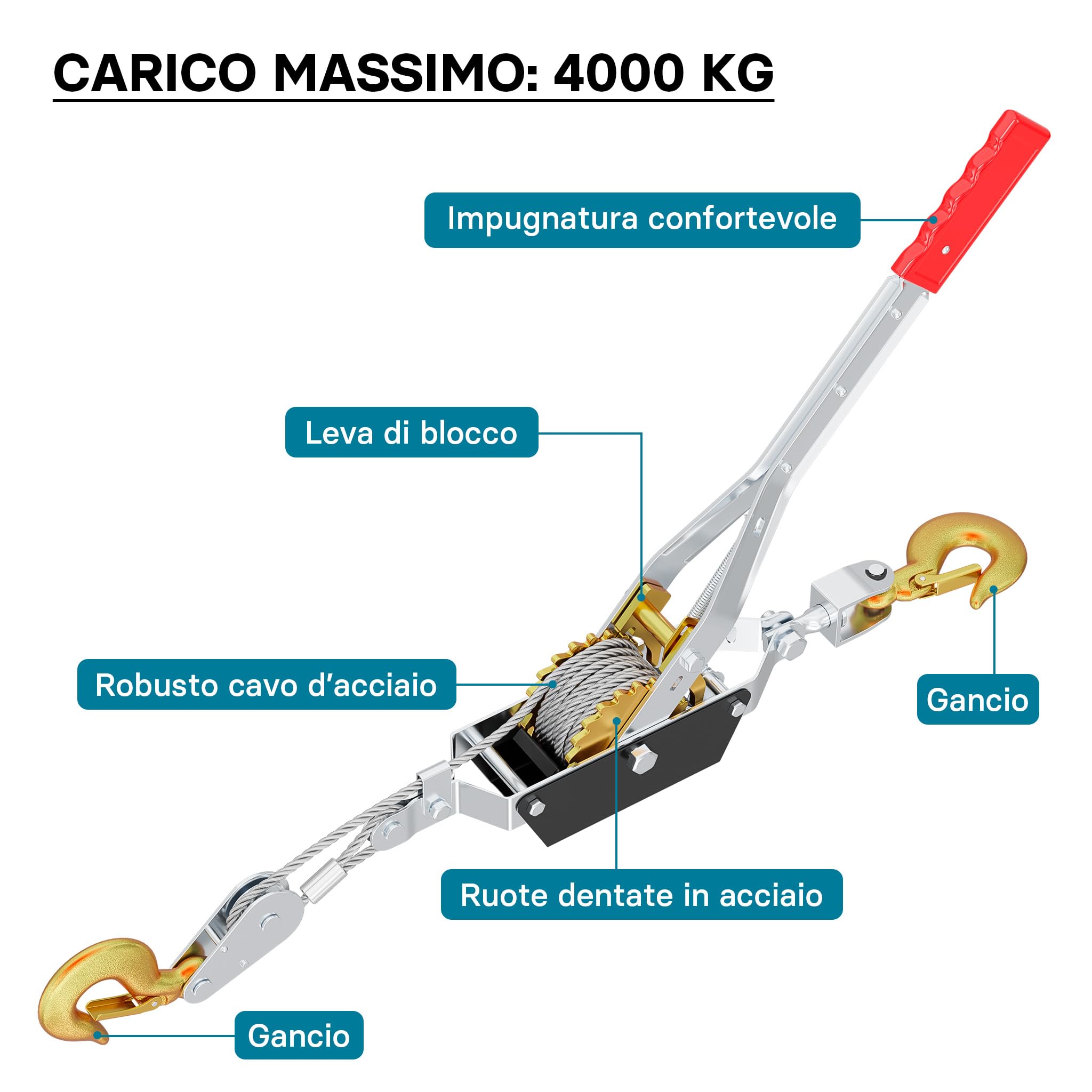 Wiltec Paranco a Leva 4000 kg Fune 3 m 2 Ganci