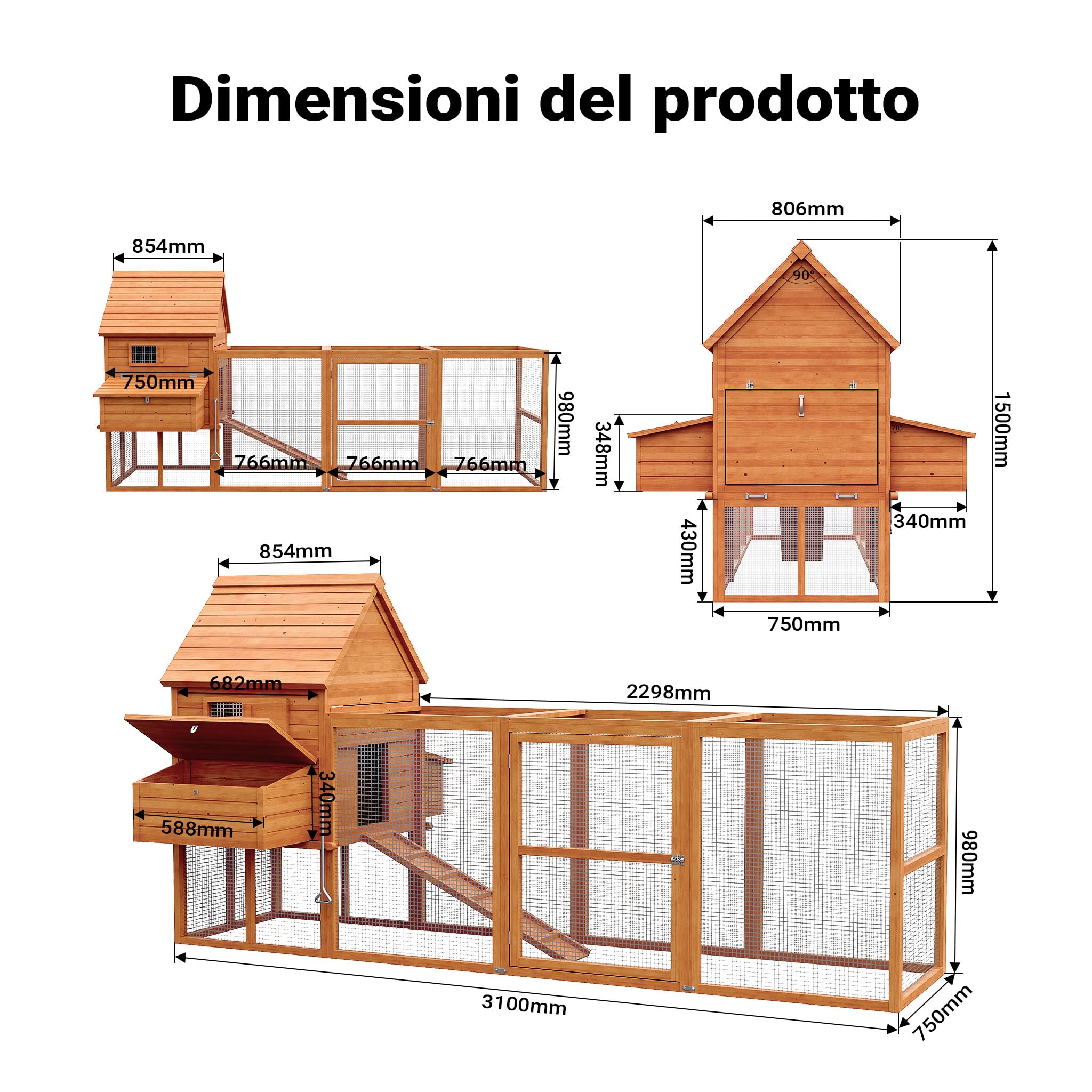 Wiltec Pollaio in Legno 310x150x150 cm Marrone con Recinto