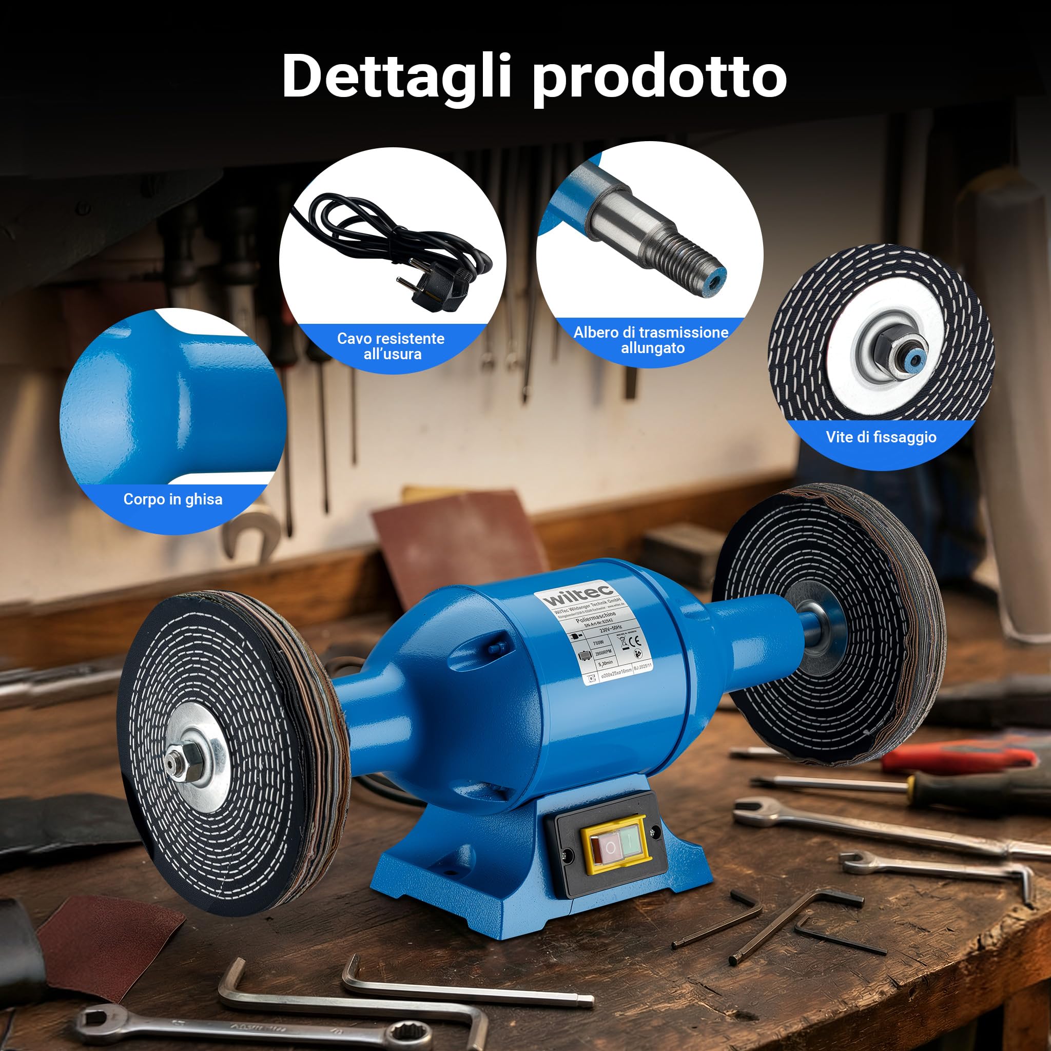 Wiltec Lucidatrice 750W doppia dischi 200 mm banco