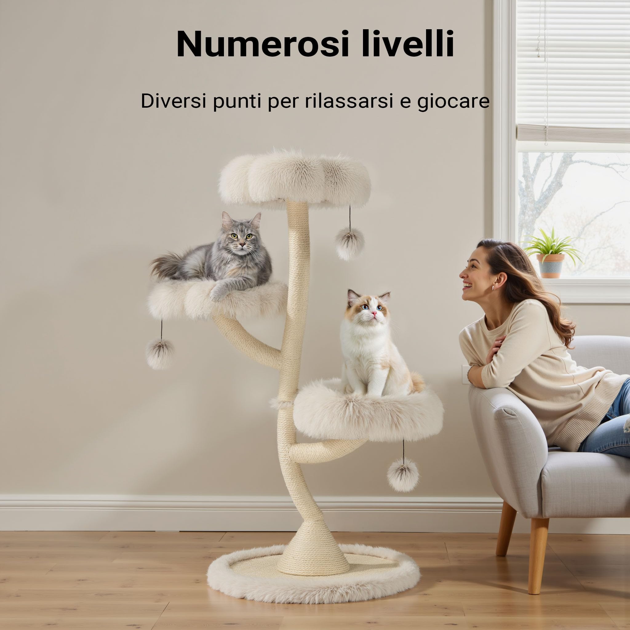 Fudajo Albero Tiragraffi Gatti 125 cm Beige 3 Piattaforme