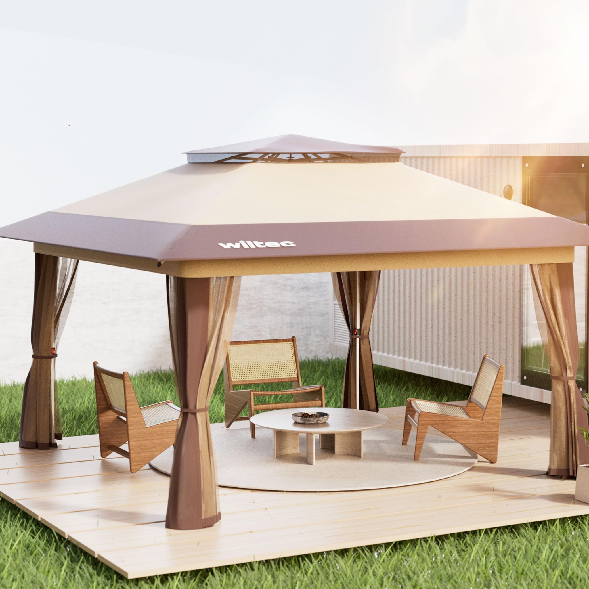Wiltec gazebo pieghevole beige 4x4 m con zanzariera UV50+