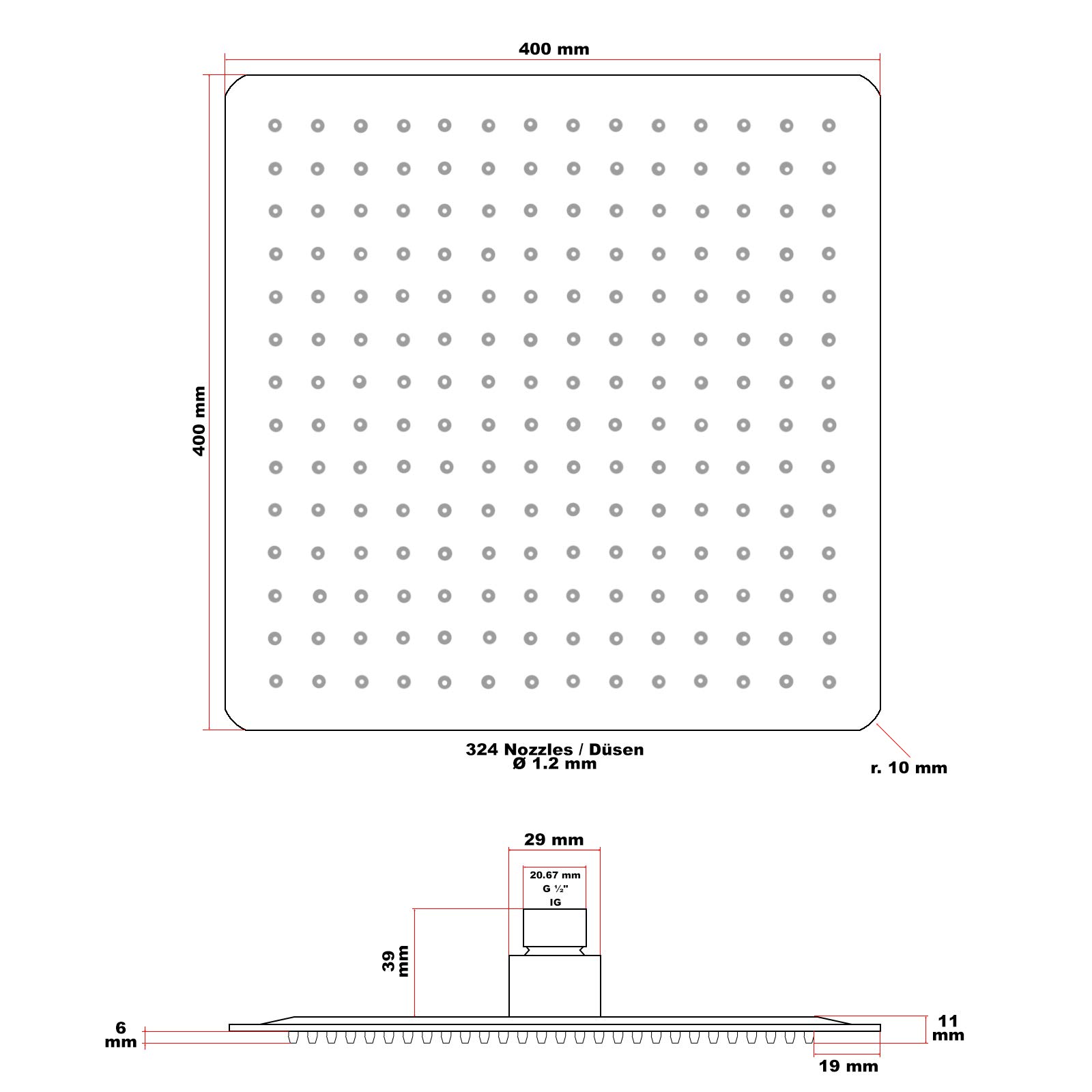 Wiltec Soffione Doccia Quadrato 40x40 cm Effetto Pioggia Inox