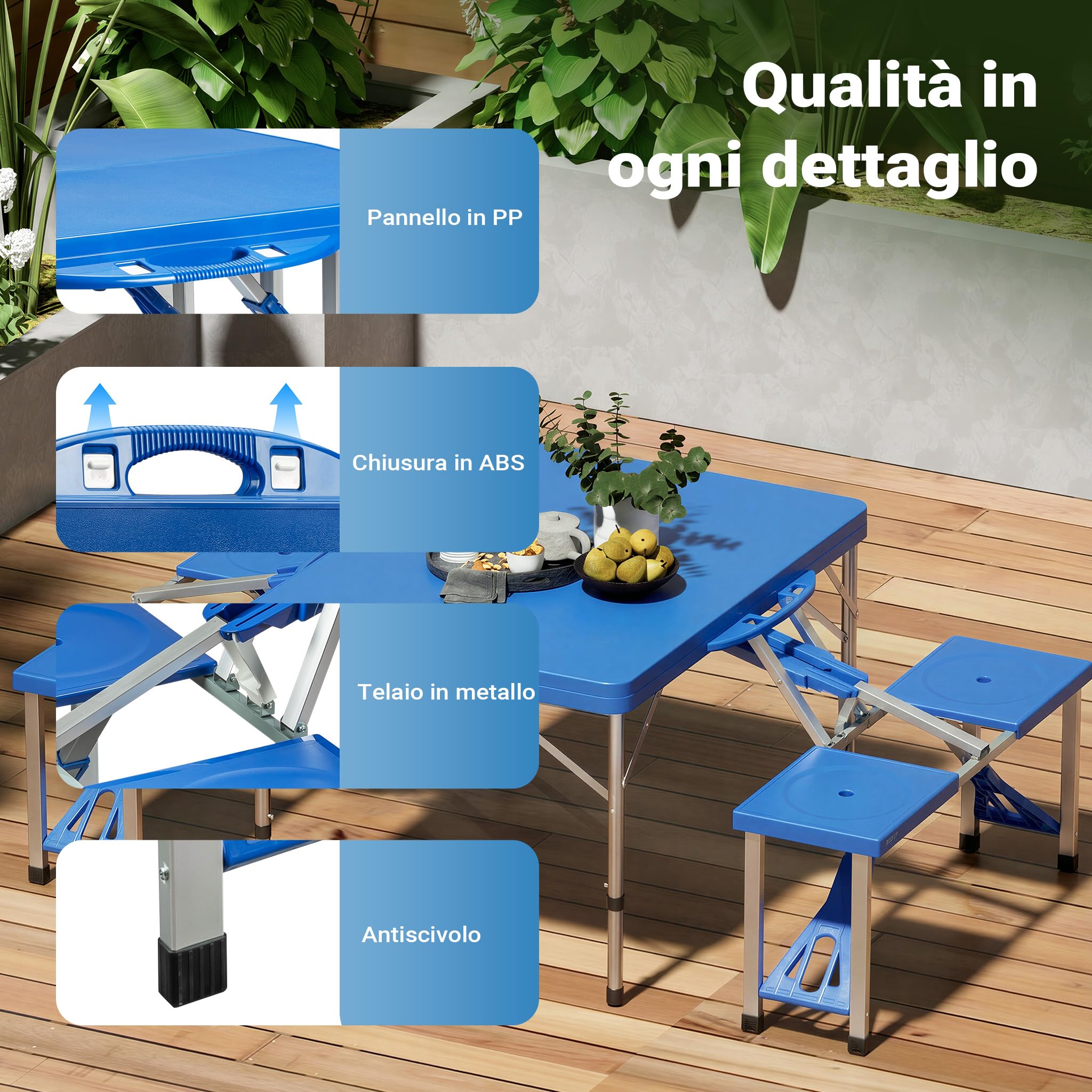 Wiltec tavolo campeggio pieghevole 4 sedie 133 cm