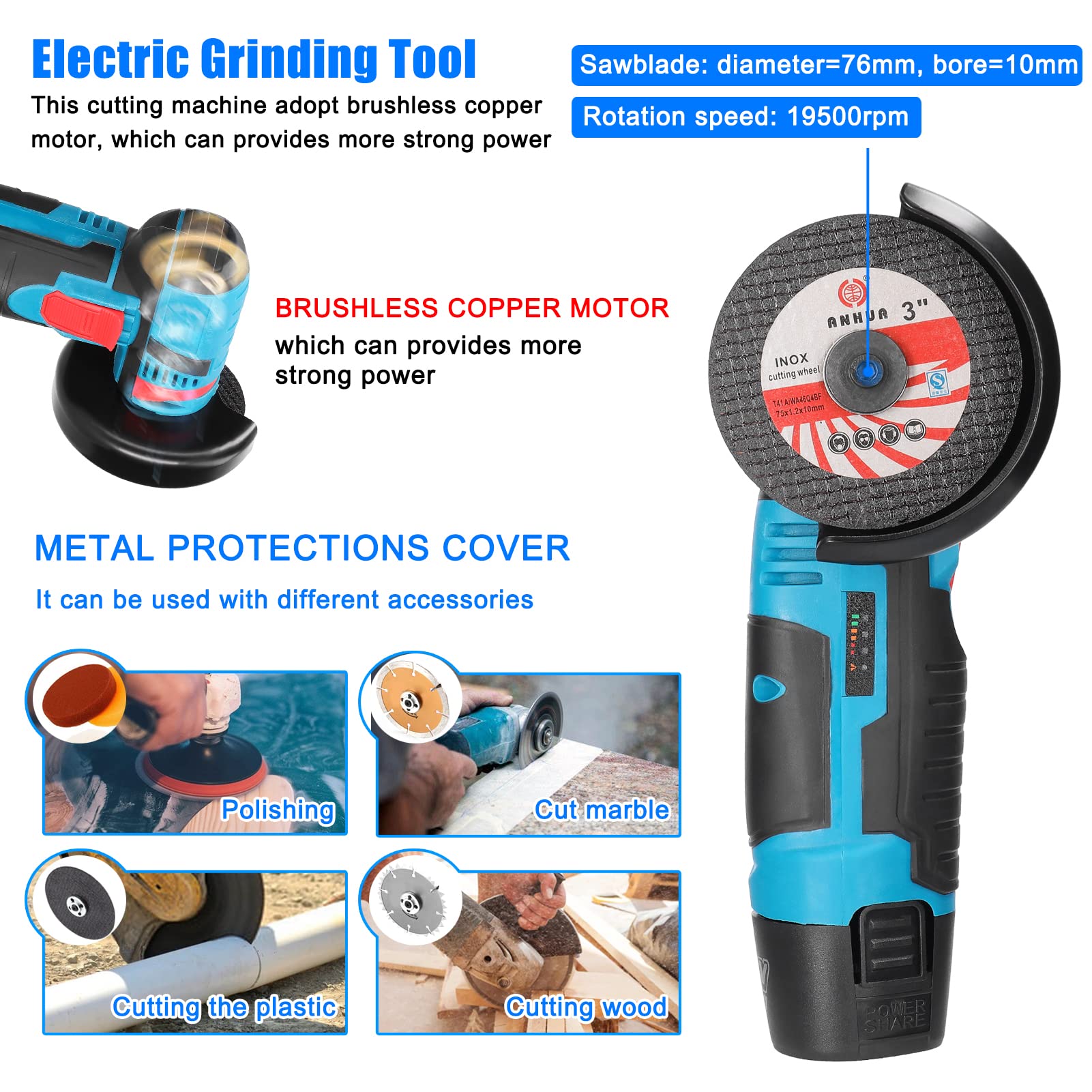 Weytoll Mini Smerigliatrice Angolare 12V 2 Batterie 76mm
