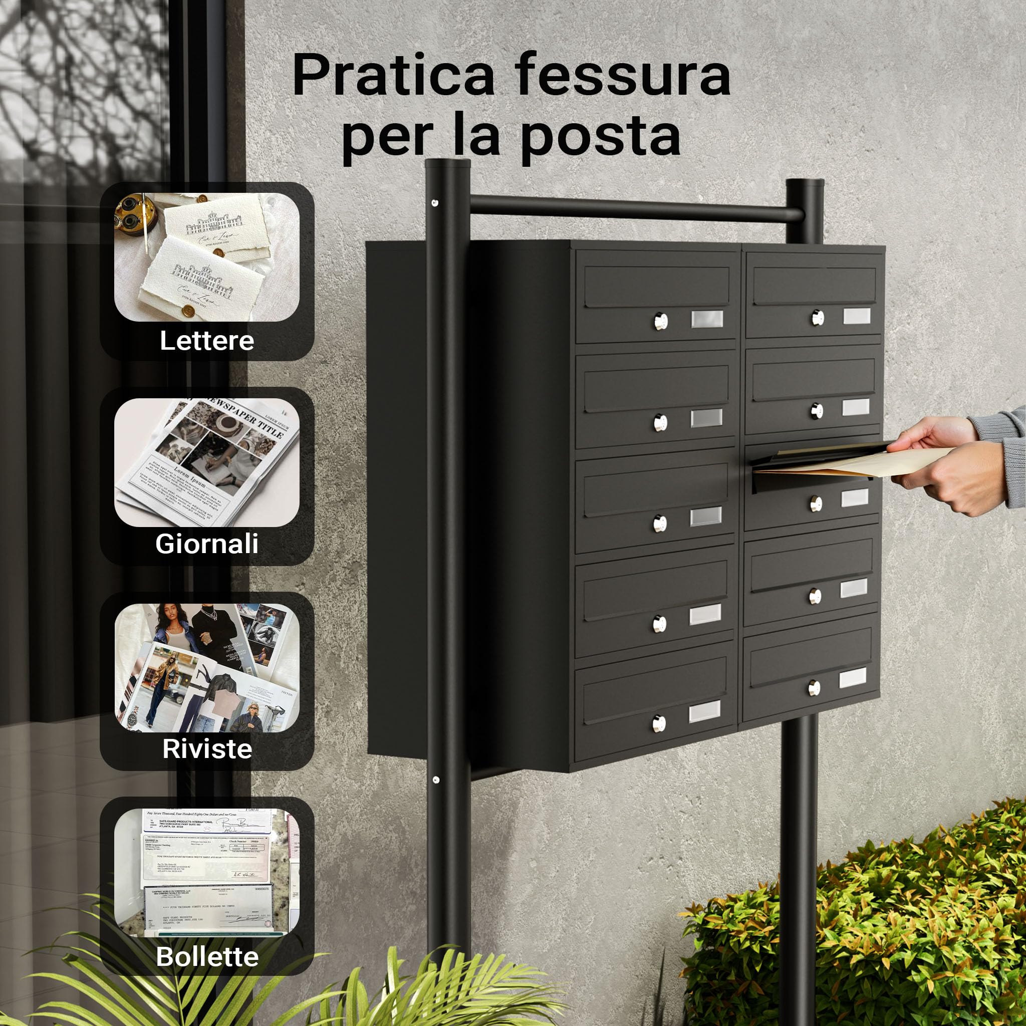 Wiltec Cassetta Postale Condominiale 10 Posti Nera Autoportante