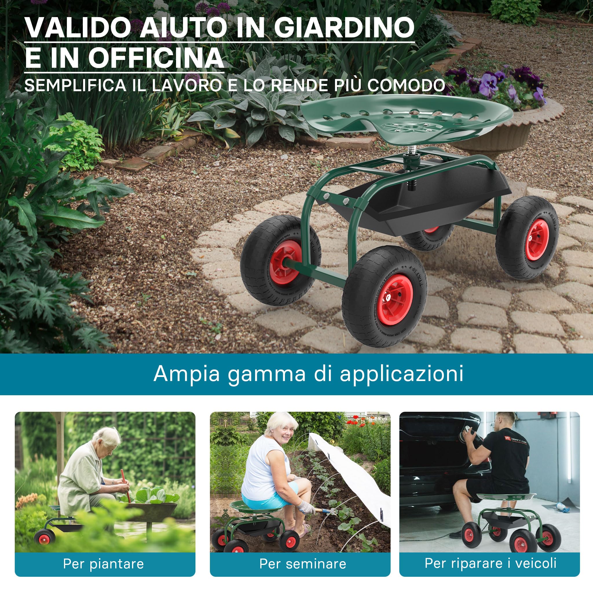 Wiltec Sgabello Giardinaggio Officina con Ruote 150 kg