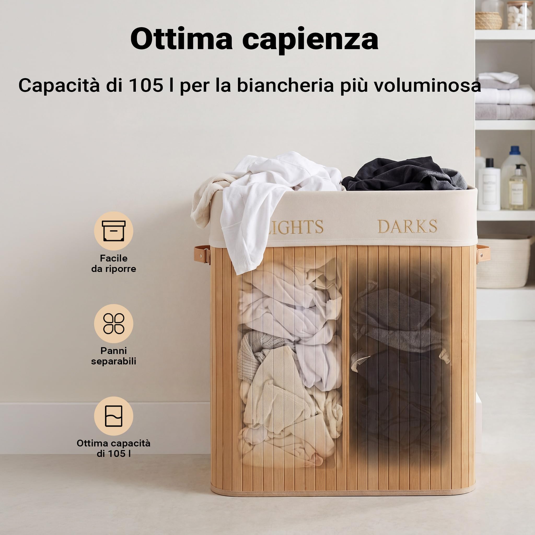 Wiltec Cesto Portabiancheria Bambù 105 L Doppio Scomparto