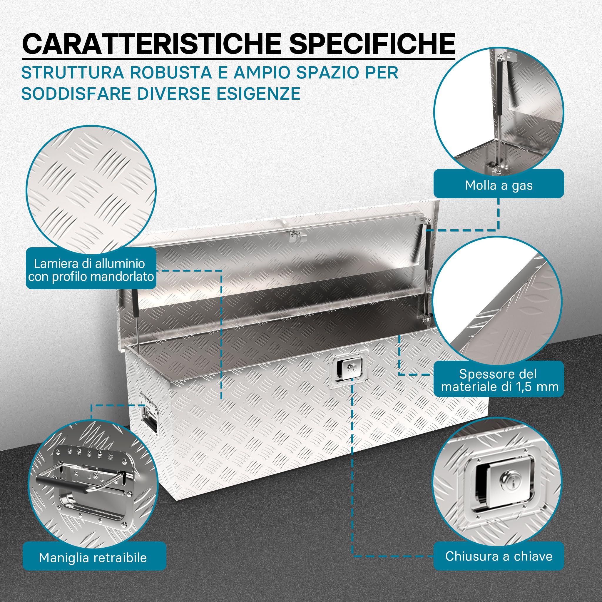 Wiltec Baule Alluminio 170 L 1240x370x380 mm Mandorlato
