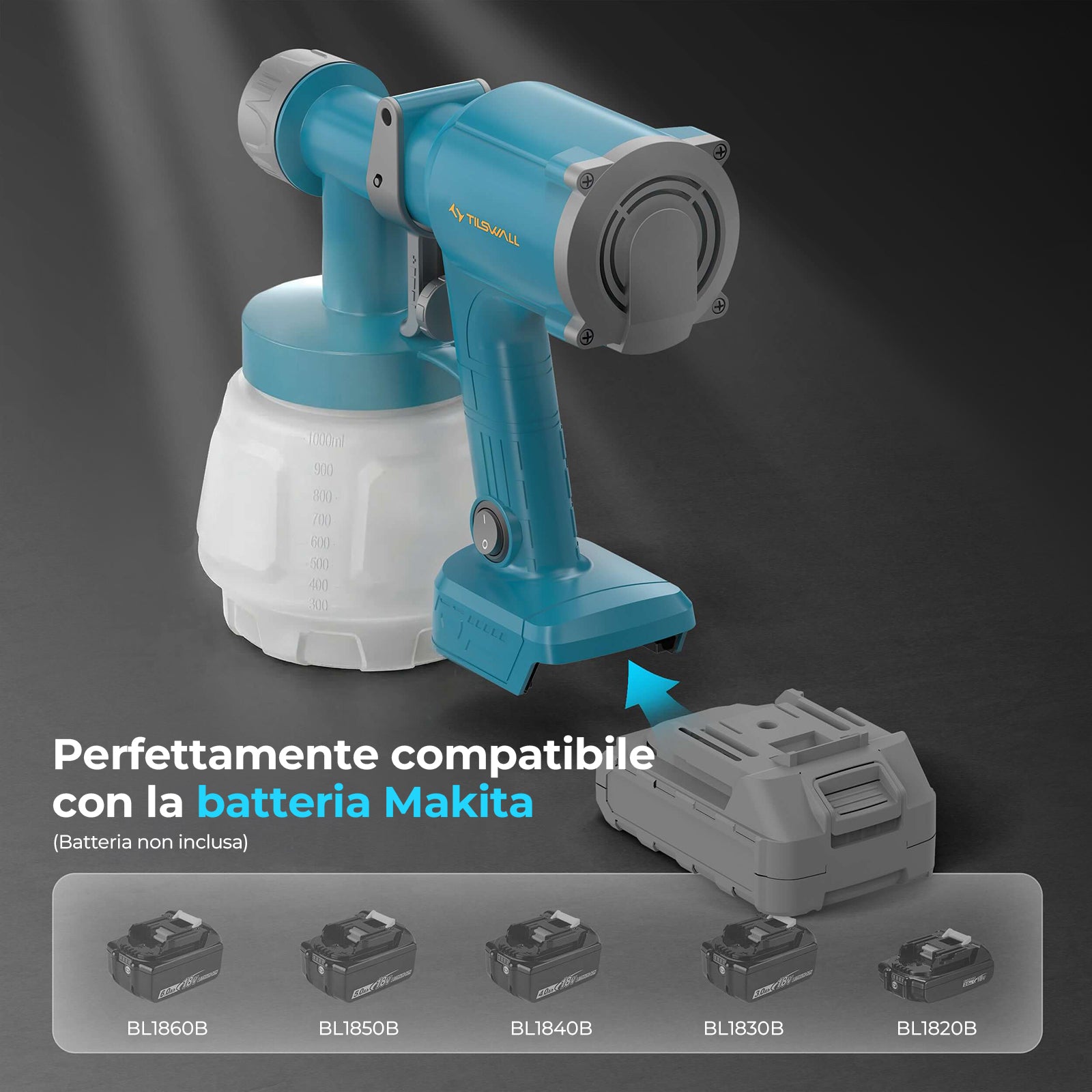 Tilswall Pistola Vernice Batteria 18V 1000ml 2 Ugelli 450ml/min