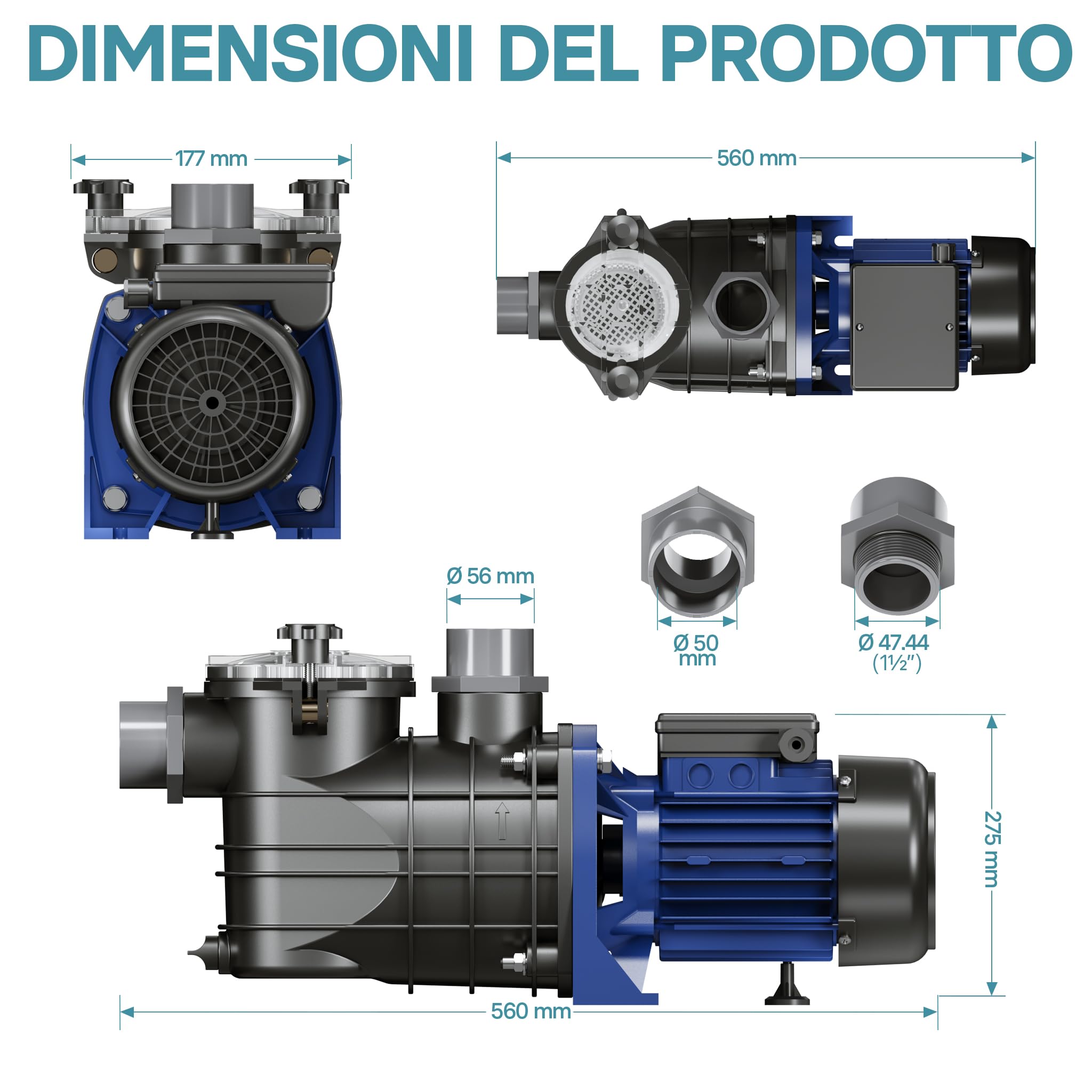 Wiltec Pompa Piscina 13800 l/h 550W con Prefiltro