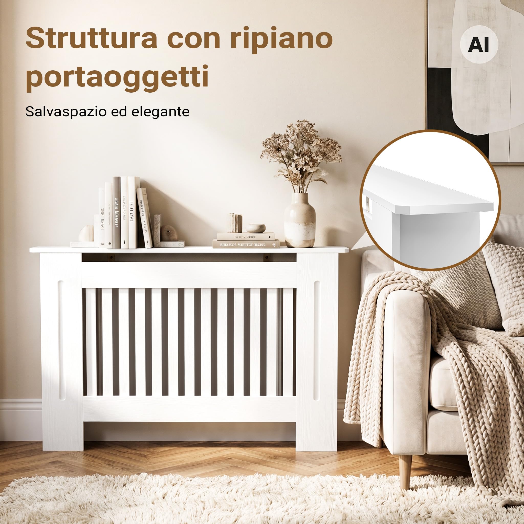 Wiltec Copritermosifone a Doghe MDF Bianco 112x19x82 cm