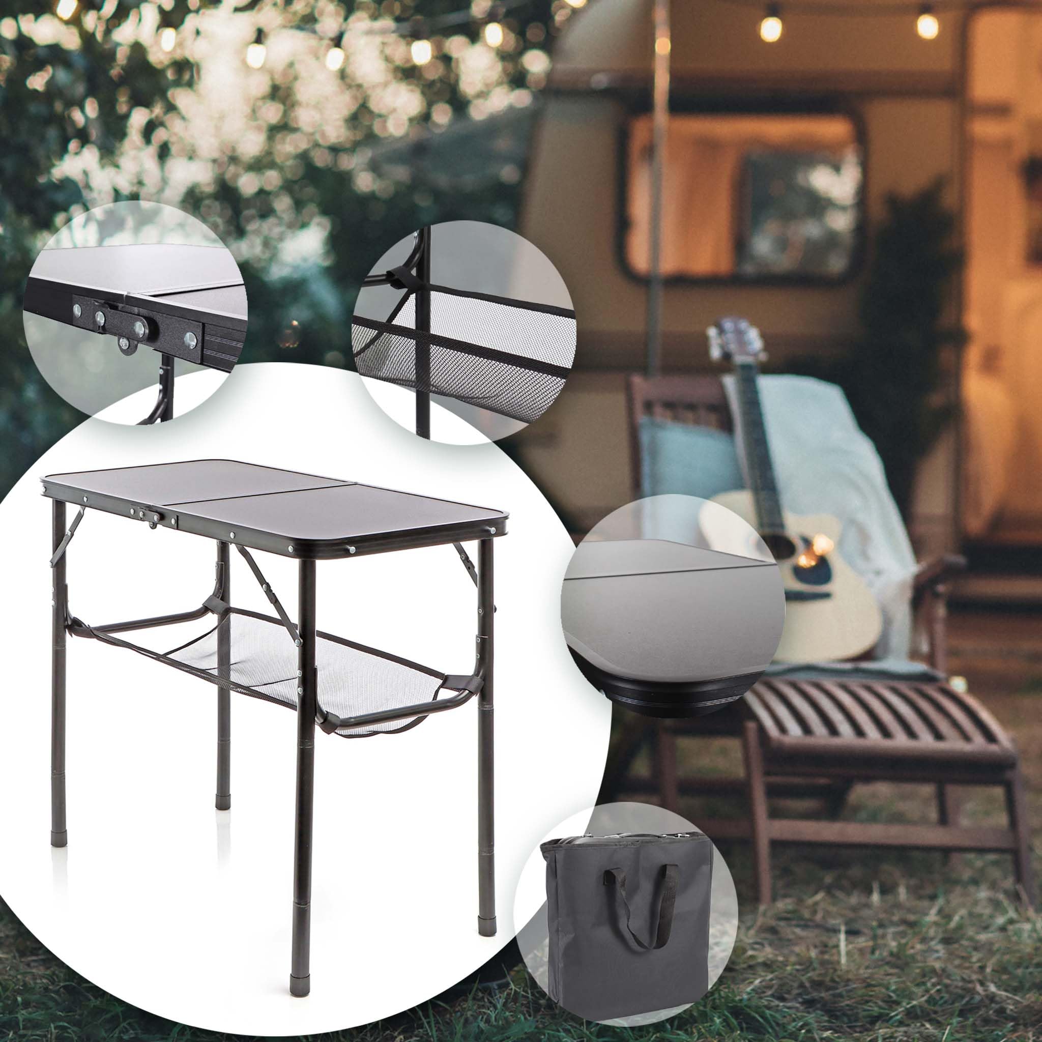 Wiltec Toboli Tavolo Campeggio Alluminio 80x40 cm Nero Altezza