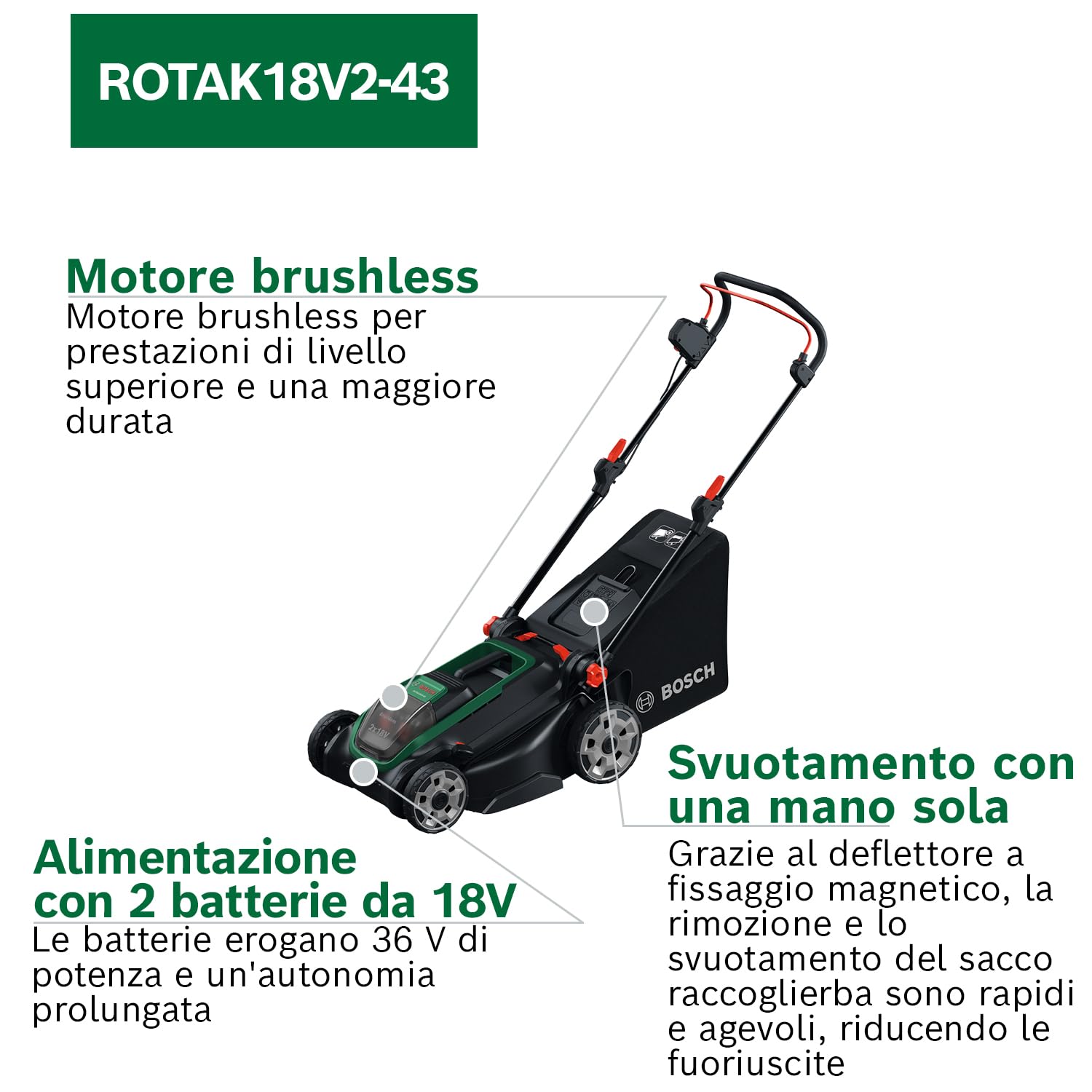 Bosch Rotak 18V2-43 rasaerba batteria 2x4.0Ah brushless