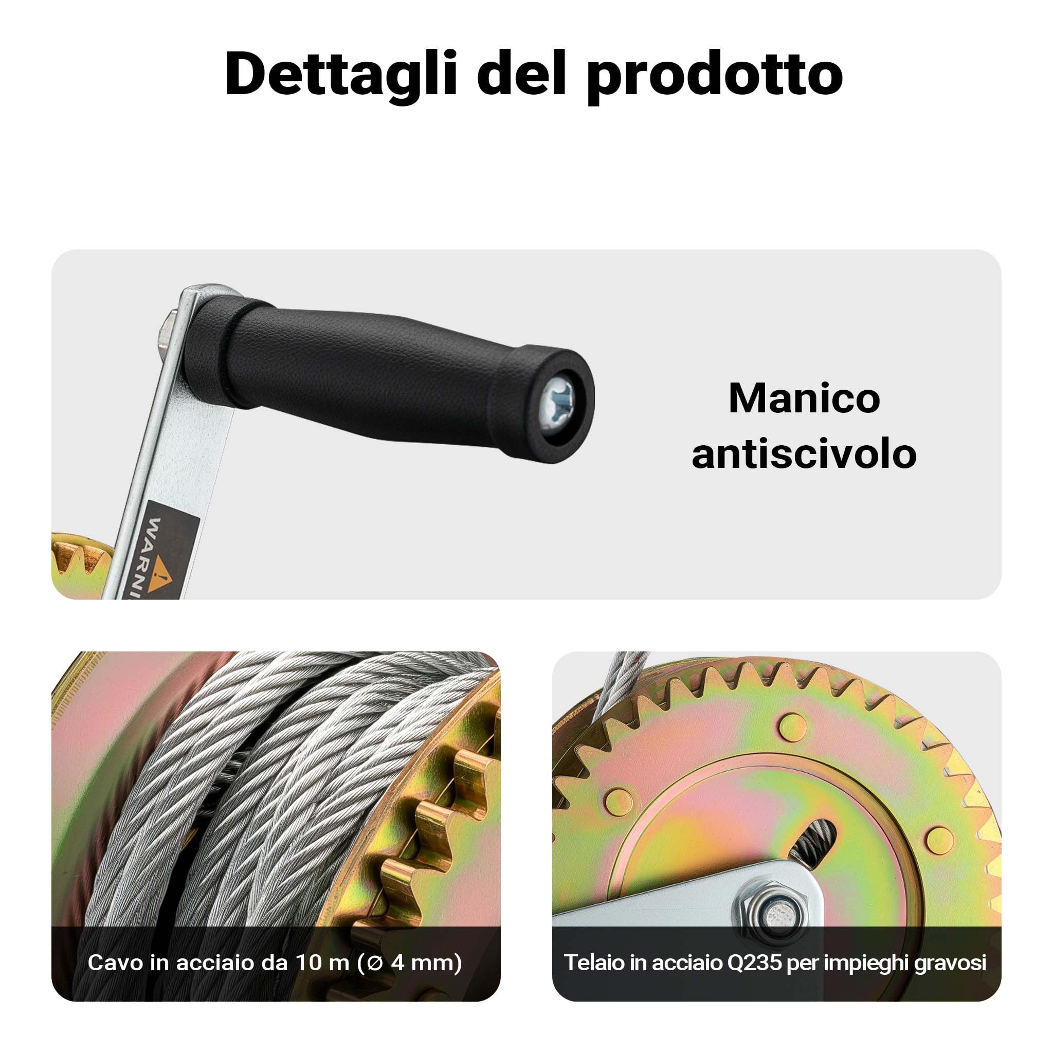 Wiltec Verricello manuale 350 kg fune 10 m argano