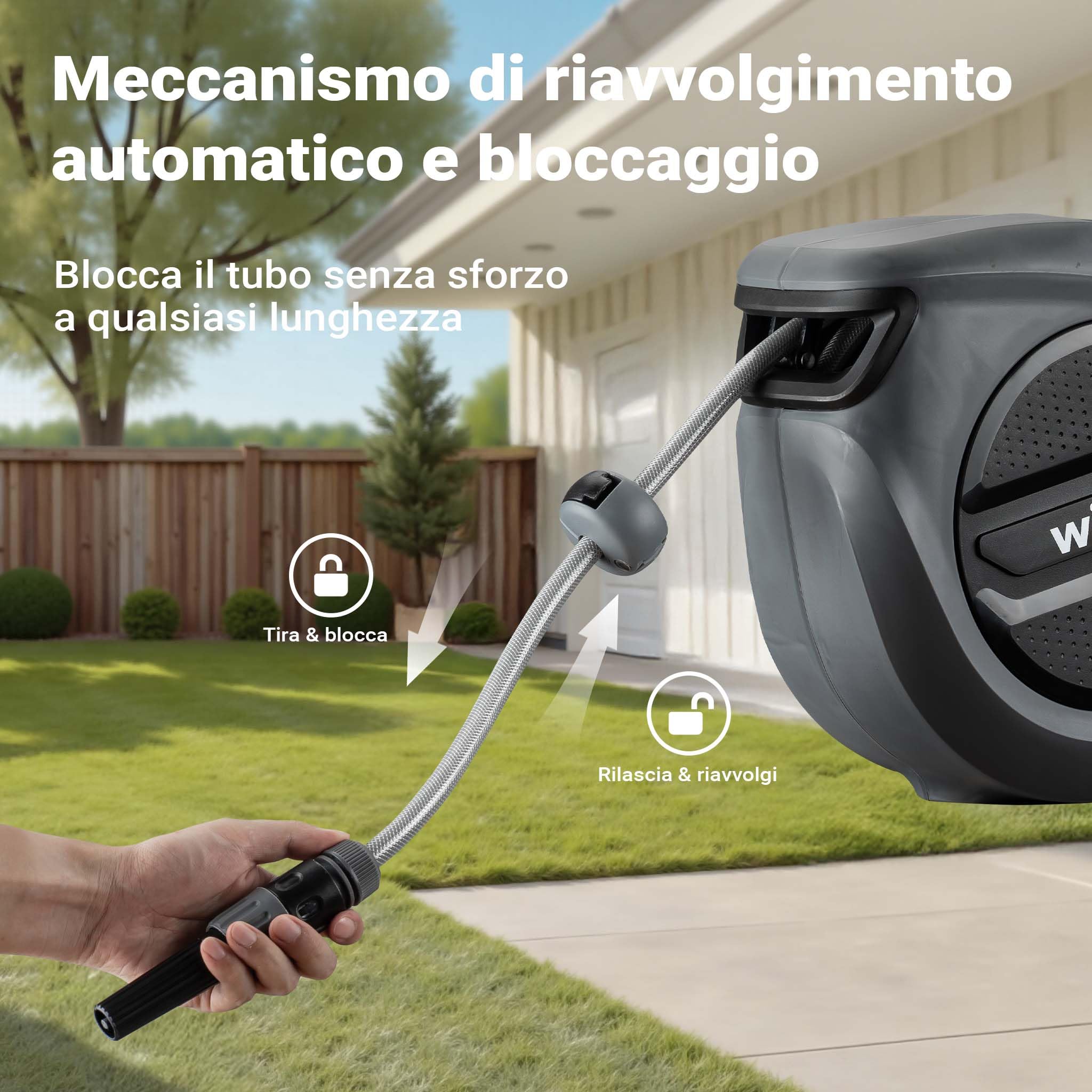 Wiltec XPOtool avvolgitubo automatico da parete 30 m con staffa 180°