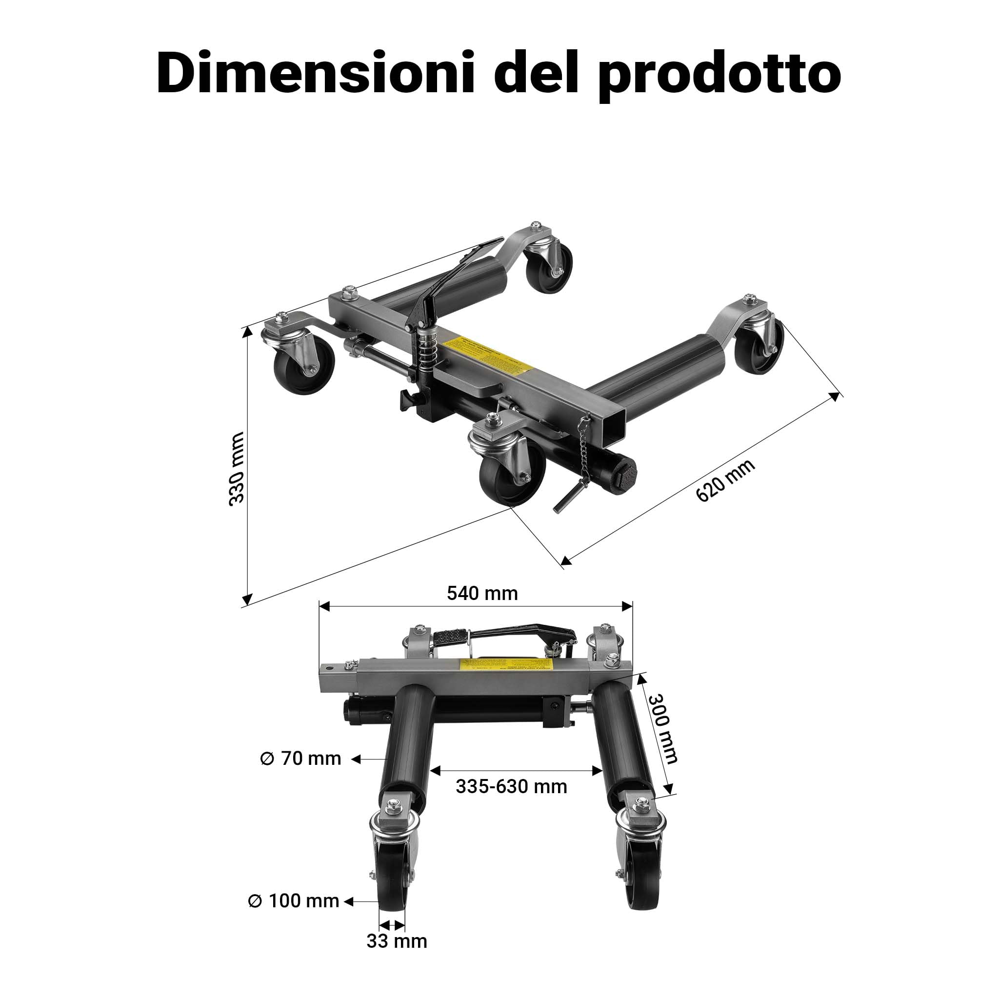 Wiltec Idraulico 680kg carrelli sposta auto 2pz gomme 30cm