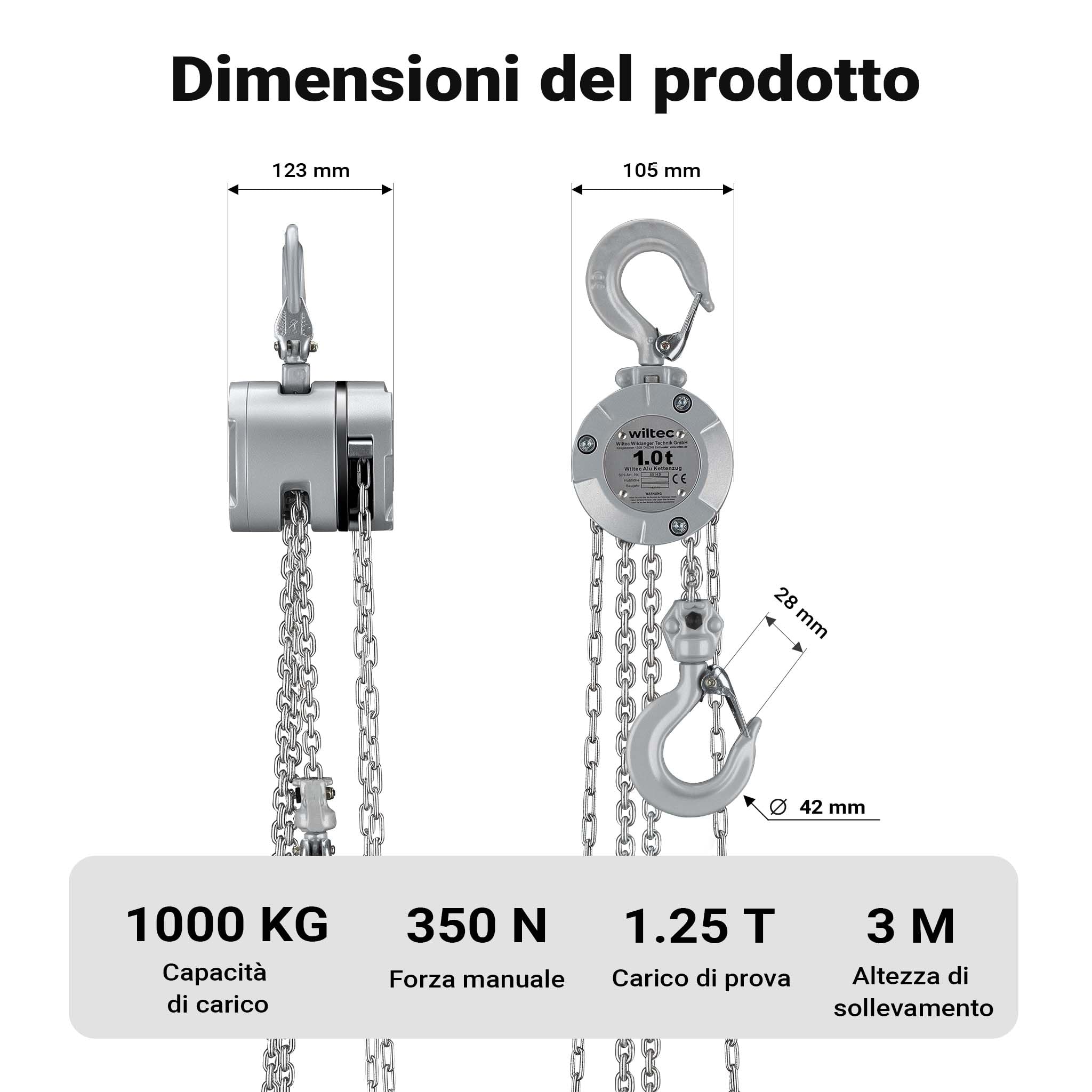 Wiltec VXI-D Paranco a Catena 1 t 3 m Alluminio
