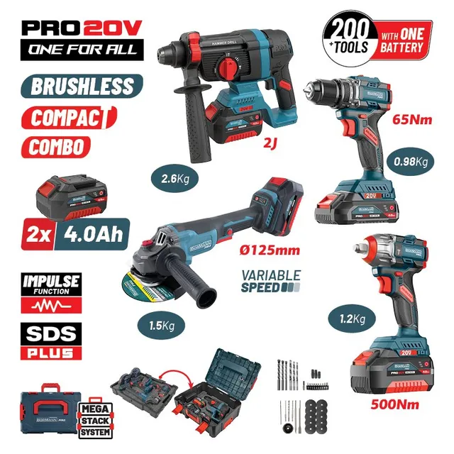 Bormann Pro BBP5438X44T4CASET Kit Utensili Brushless 20V 4Ah