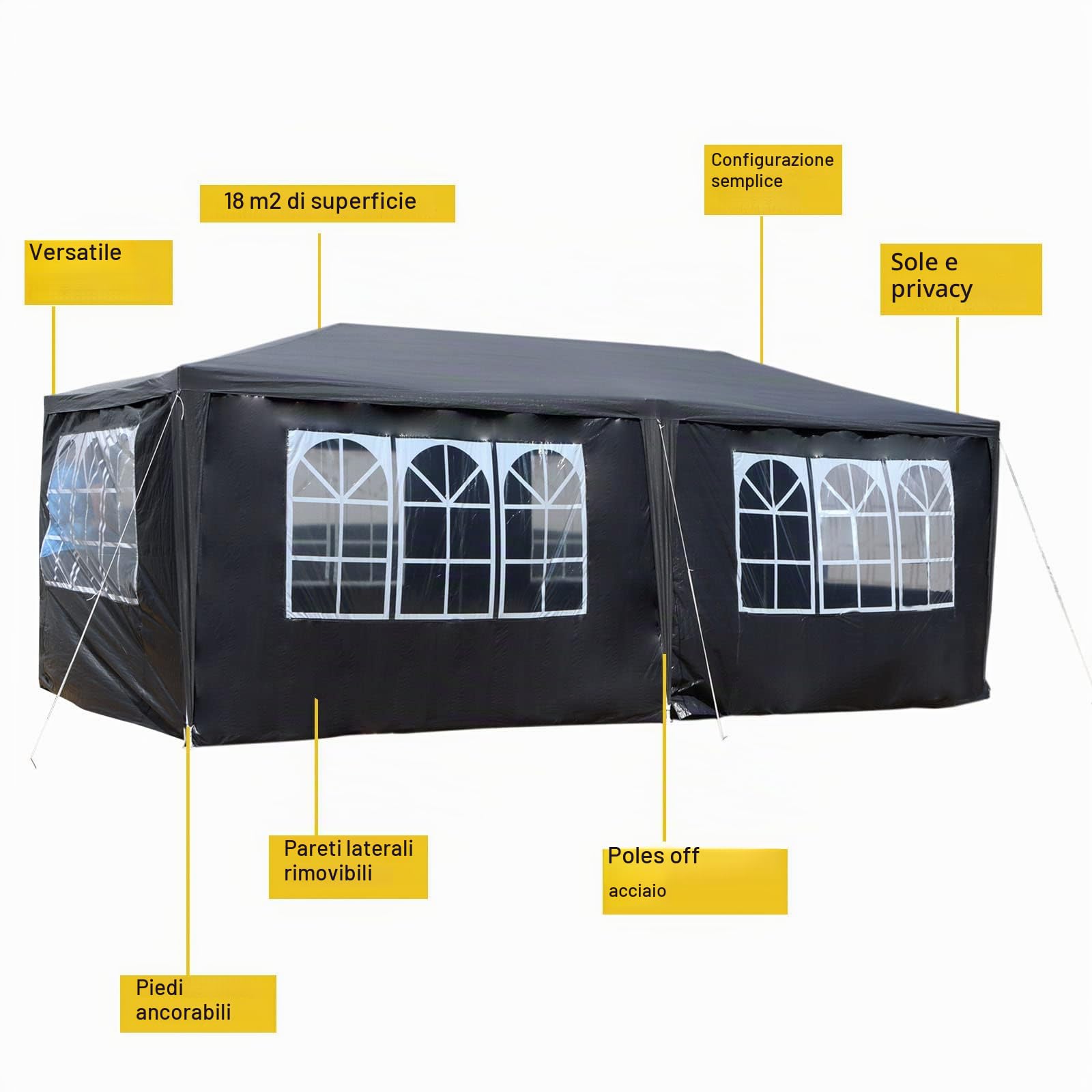 Wiltec Toboli gazebo 3x6 m grigio UV50+ pareti laterali