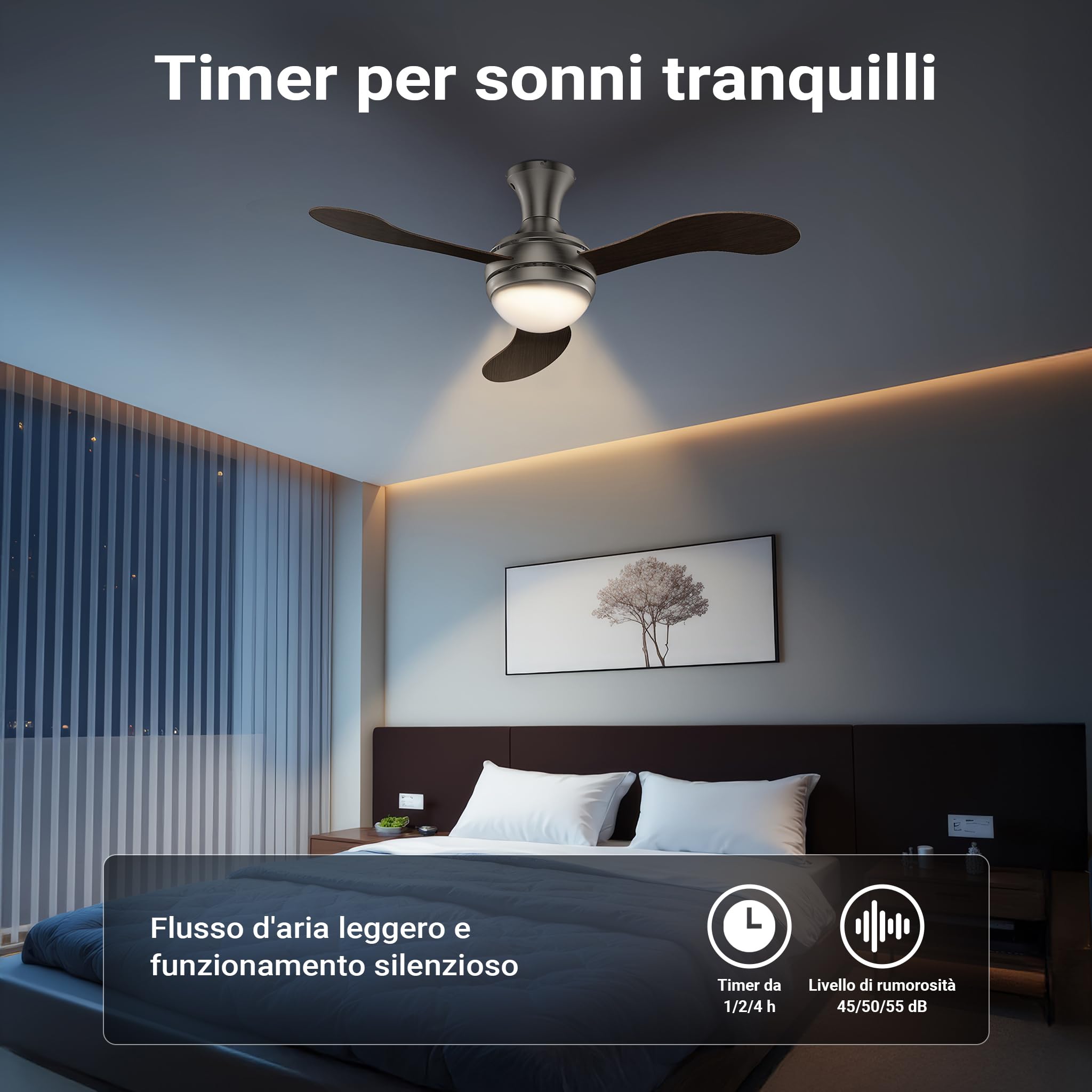 Wiltec Ventilatore da soffitto 130 cm 55W 3 pale con luce