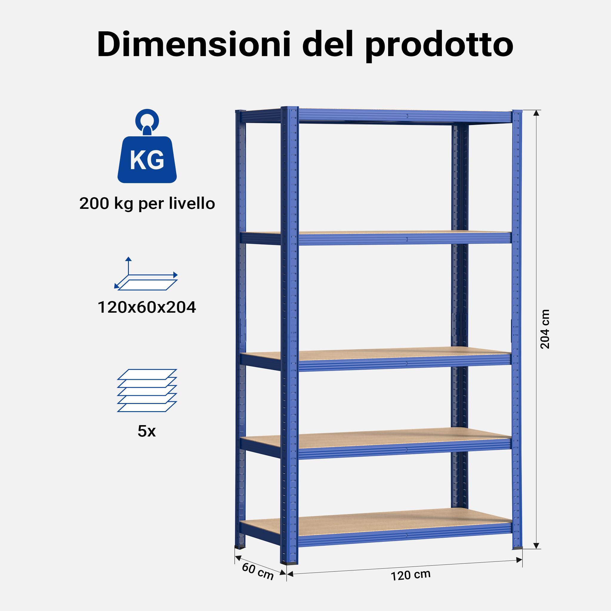 Wiltec Scaffale Carichi Pesanti Blu 120x60x204 cm 5 Ripiani