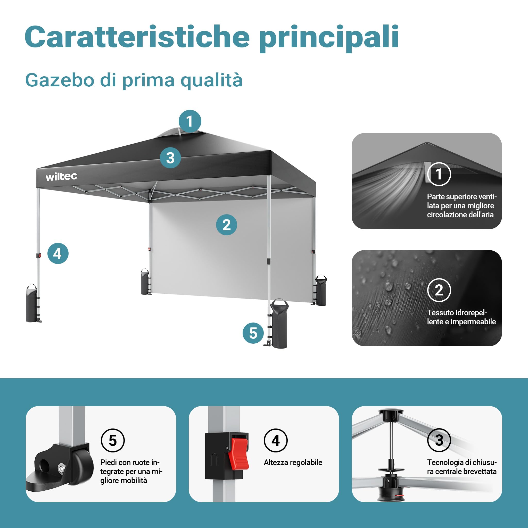 Wiltec Gazebo Pieghevole 3x3 m Grigio con Parete e Ruote