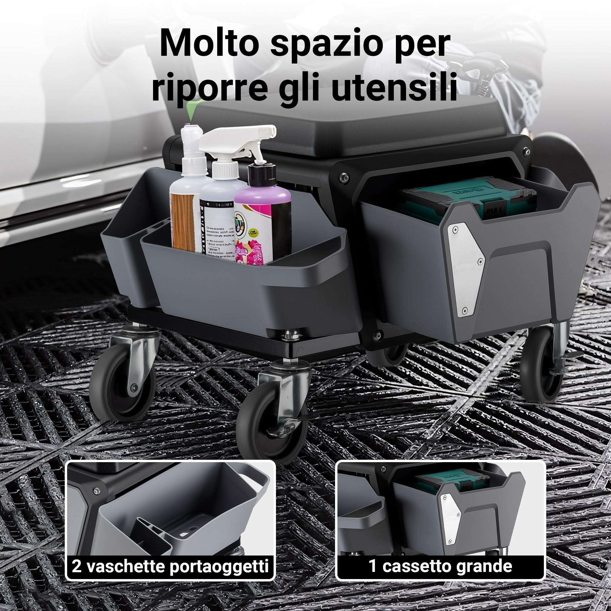 Wiltec Sgabello Officina con Ruote Portautensili Sgabello 120 kg